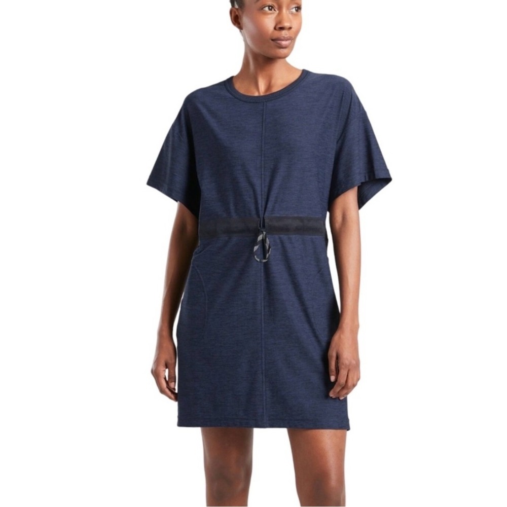 Athleta Navy Blue Heathered Cinched Waist Mesh Detail T-Shirt Dress‎ Size XS